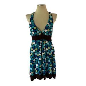 Vtg Y2K 2000s Babydoll Blue Brown Polka Dot Halter Mini Dress Sz L Hoco Stretch
